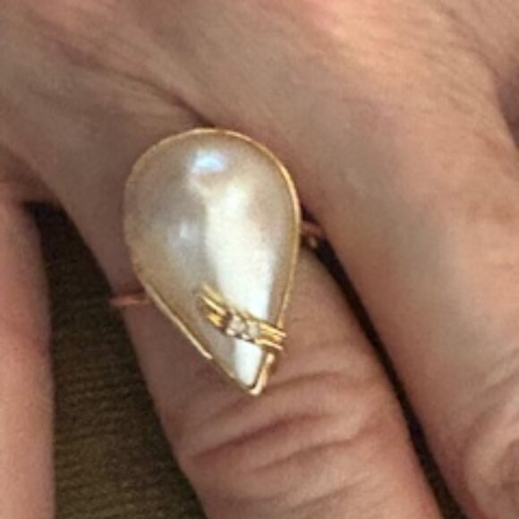 14K gold Size 6 ring-Large Mabe cultured pearl-Diamond accents